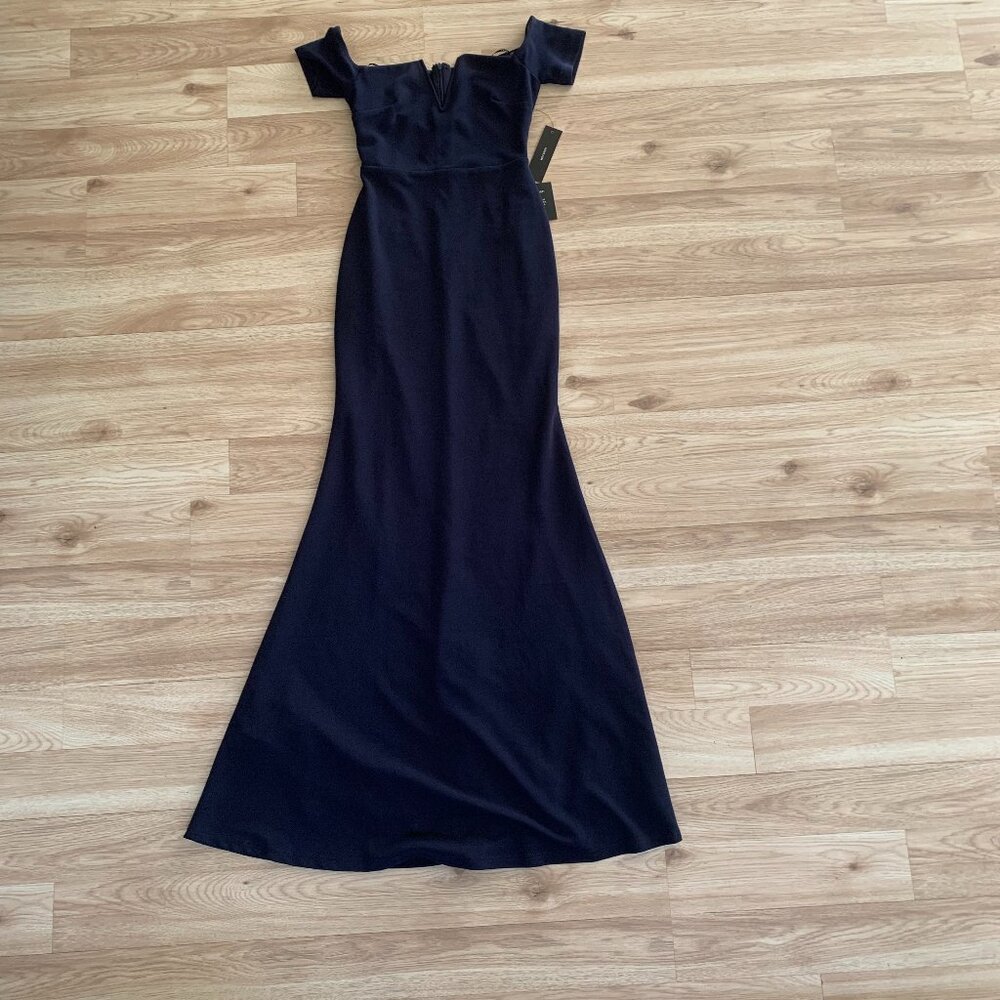 Dark Navy Blue Formal Off the Shoulder V Cut Long Maxi Dress - Picture 2 of 16